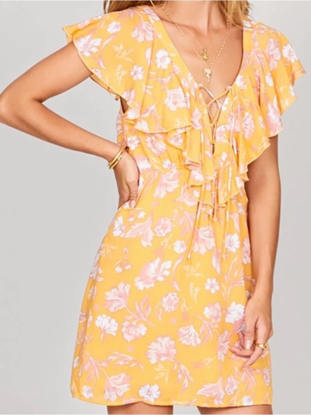 Amuse Society Play Nice Summer Dress Honey Floral Lace-Up Ruffle Junior Large